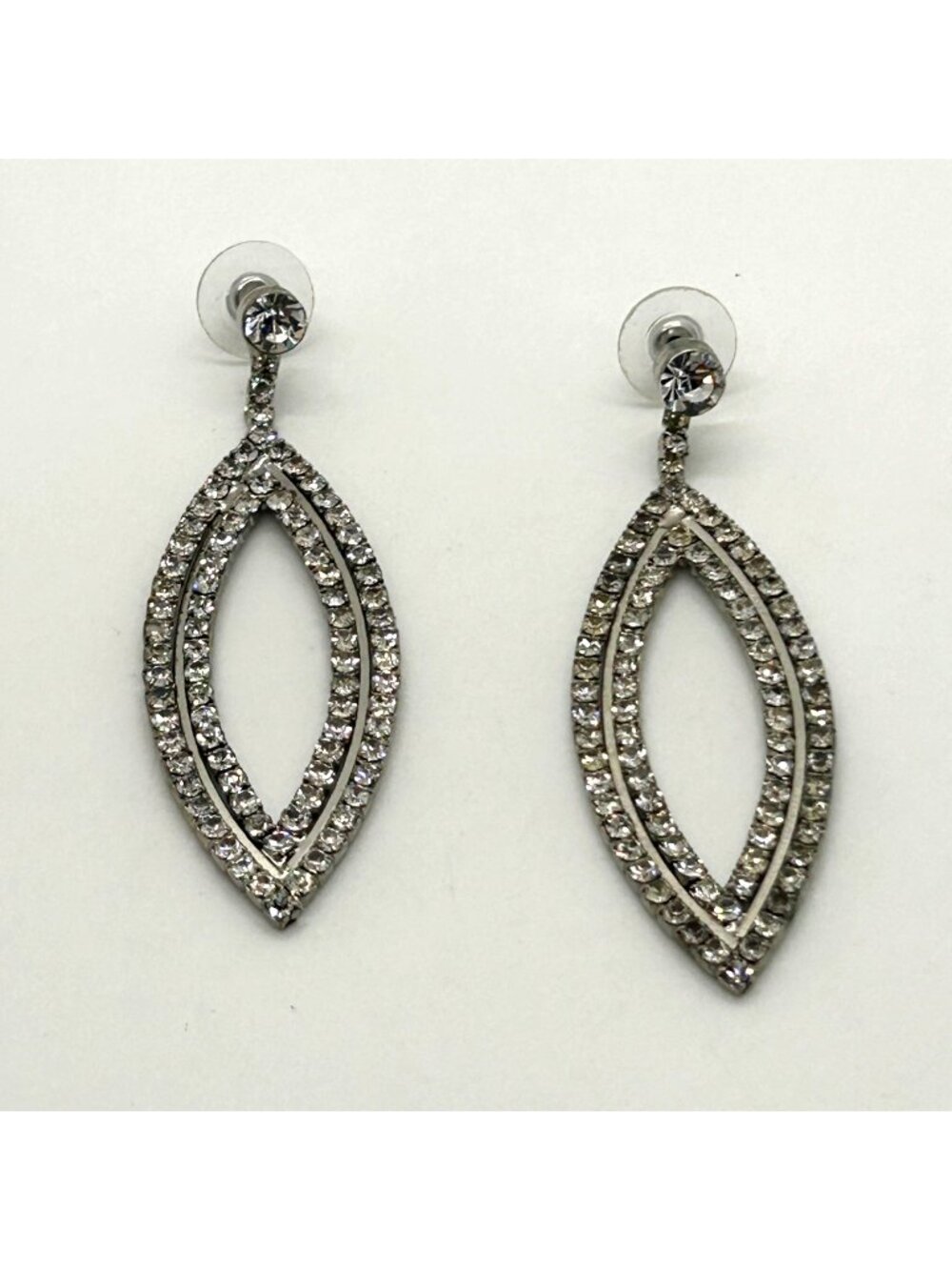 Vintage Silver Tone Marquise Rhinestone Drop Earrings Double Teardrop Prong-Set